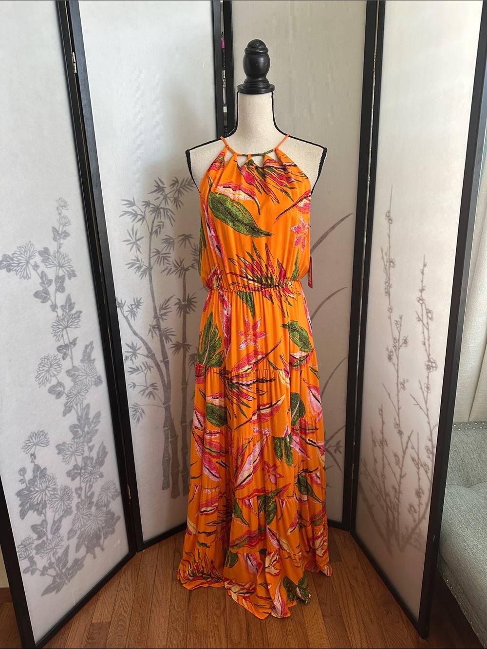 Vince Camuto Orange Tropical Halter Maxi Dress